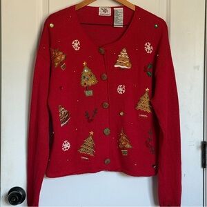 Vintage Nut Cracker Holiday Red Sweater with Festive Tree Design Size L